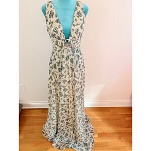 Jenny Yoo Inesse Floral Maxi Dress V-Neck Chiffon Gown Green Cream Bridal 4